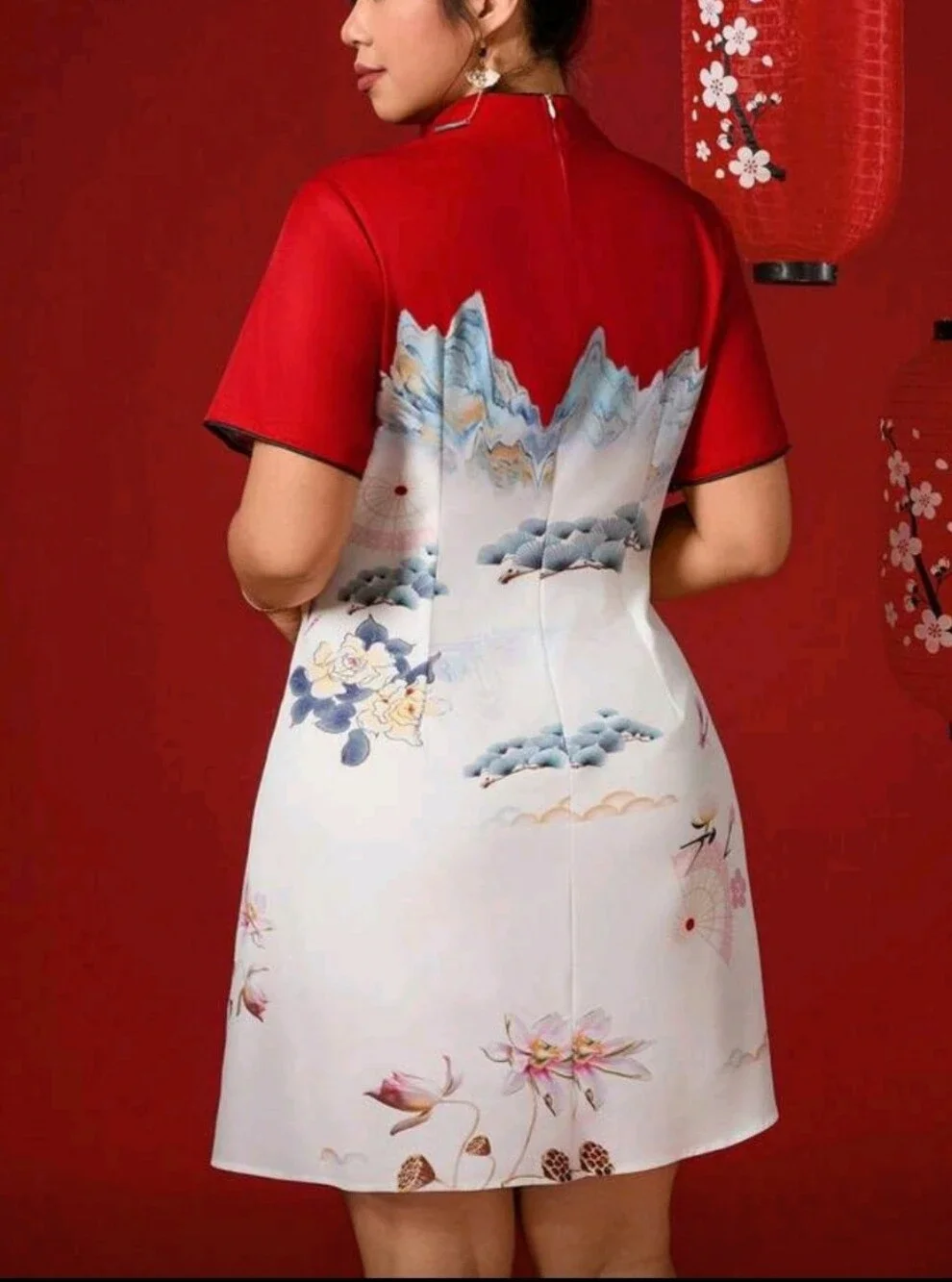 SHEIN Red and White Floral Landscape Cheongsam-Inspired Mini Dress - Picture 3 of 9